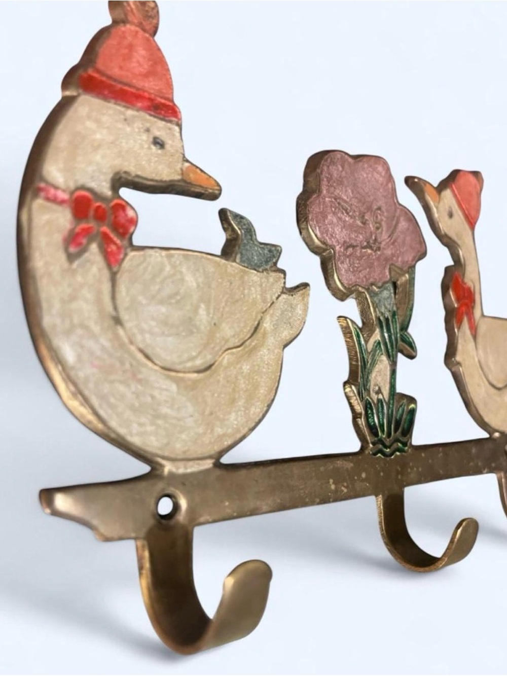 Vintage Brass Wall Hook with Pink & Cream Enamel Ducks and Flower - Home Accents